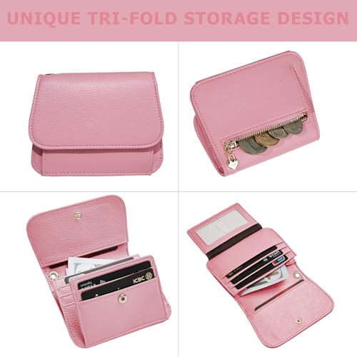 Image of Women Small Wallet RFID Blocking Slim Wallet with Coin Pocket Tri-Fold Credit Card Holder with ID Window and Keychain(Pink)