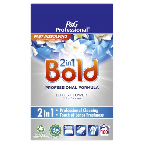 Bold Detergente en polvo 2 en 1, 100 lavados (6 kg), removedor de manchas para ropa, aroma de flor de loto y lirio de agua, limpieza brillante con frescura Lenor integrada