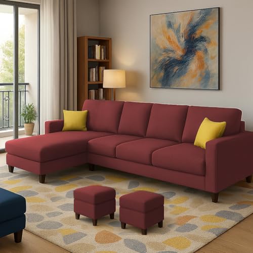 Image of Casaliving Rolando 6 Seater L Shape Sofa Set with 2 Puffy for Living Room (Maroon) Left Side Sofa Set for Living Room | Hall| Office Room