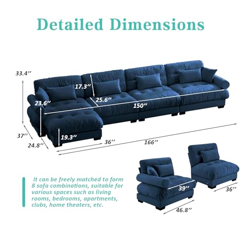 Image of SoarFlash Sectional Couches for Living Room, L Shaped Sofa Couch with Velvet Fabric, 4 Seat Modern Sofa with Ottoman, Removable Pillows for Apartment, Blue