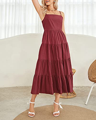 Fashionme Women Boho Smocked Dress Tiered Babydoll Fit And Flared Beach Dress Backless Cutout Spaghetti Strap Slip Cami Midi/Maxi Dresses Casual/Formal Summer #TOP6