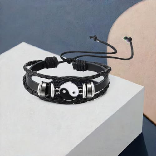 COOLSTEELANDBEYOND Yin-Yang Charm Bracelet, Leather Three-strand, Mens Womens Wrap Wristband3