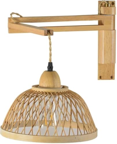 Genérico Adjustable Swing Arm Wall Lamp – Rustic Farmhouse Wall Sconce with Woven Bamboo Shade, Bedside Reading Light for Bedroom, Headboard, Coastal, Cottage Decor