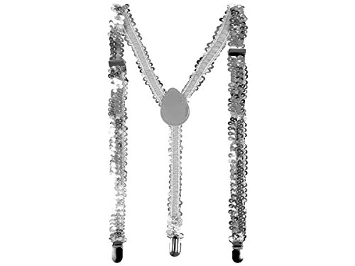 Alsino ® Tirantes elásticos ajustables en forma de Y con 3 clips brillantes lentejuelas colores vivos talla única unisex, poliéster, Hoträ-48 Sequin Silver, talla única
