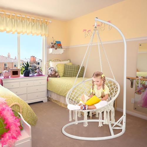 Mertonzo Hammock Swing Chair for 2-5 Years Old Kids,Handmade Knitted Macrame Hanging Swing Chair for Indoor,Bedroom,Yard,Garden- 230 Pound Capacity Off-White- with Suspension Kit