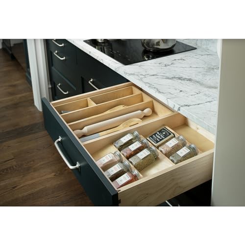 Image of Rev-A-Shelf 3-Tier Wood Trim-to-Custom-Fit Spice Rack Drawer Insert, 16 inch x 19.75 inch, Maple - Drop-In Seasoning Jars Storage Tray Organizer for Kitchen Cabinet and Pantry Organization, 4SDI-18