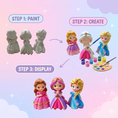 Image of EXPESIA DIY Paint Your Own Princess Figurines Kit, Belle, Cinderella, Elsa, Snow White, Jasmine, Creative Craft Activity Set for Girls