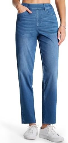 THE GYM PEOPLE Damen Straight Leg Jeans Pull On Stretch Mittlerer Bund Hose | Elastikbund, Gürtelschlaufen, Feuchtigkeitsableitend, Atmungsaktiv, Po-Lifting-Schnitt, 4 Taschen, Mod