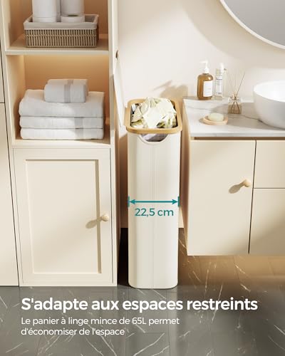 SONGMICS Panier à Linge Mince avec Couvercle, 65L, Gain de Place, Doublure en Maille Amovible, Tissu Oxford, Poignées en Bambou, Pliable, 42 x 22,5 x 70,5 cm, Blanc Crème LCB506W01 – vue 3