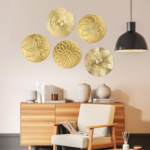Otoolling 5 Pcs 12 Inch Gold Metal Wall Art Decor Hanging Metal Flower Plate Modern Accent Wall Decorations for Home Living Room Office - Image 3