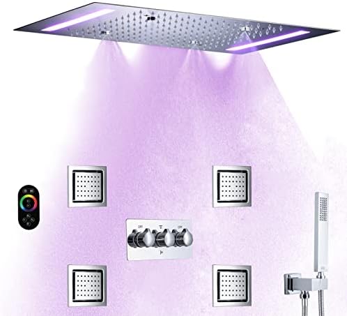 DULABRAHE Brass Chrome Rain Shower System Metal Ceiling Mounted 14 X 20 Inch Stainless Steel LED Rainfall Shower Head Spa Shower Body Massage Combo Mixer Jets