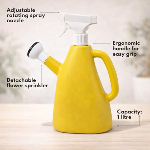 Image of Urban Upvan Watering and Spray Dual-Use Watering Can 1L | Garden Watering Sprayer Bottle with Adjustable Nozzle | Indoor Outdoor Plant Watering Tool for Home, Balcony & Garden (Yellow)
