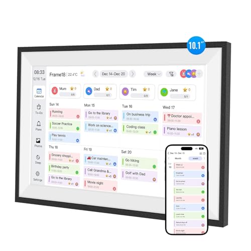 Fotocube 10.1-inch white and black wall planner showing chore charts — the calendar-first design that puts photos second