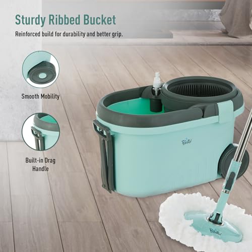 Image of Amazon Brand - Presto! Clean Plastic Spin Mop | Durable Plastic Build with 2 Microfiber Refills | Big Wheels & Drag Handle | 360 Spin Mop with Telescopic Handle | Green