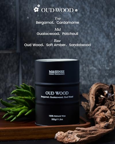 M&SENSE Oud Wood Scented Candles Natural Soy Wax, 11.3oz Tin Candle for Cozy Home Decor, Long Lasting Up to 70 Hours Burning Time, Unique Candle Gifts for Men Women