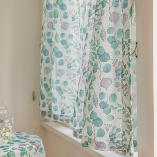 Image of SUOUO Green Eucalyptus Leaf Semi Sheer Curtains 96 Inches Rod Pocket | 2 Panels,Linen Textured,Light Filtering,Patterned Watercolor Botanical,Farmhouse Cottage Core,Drapes for Living Room Bedroom
