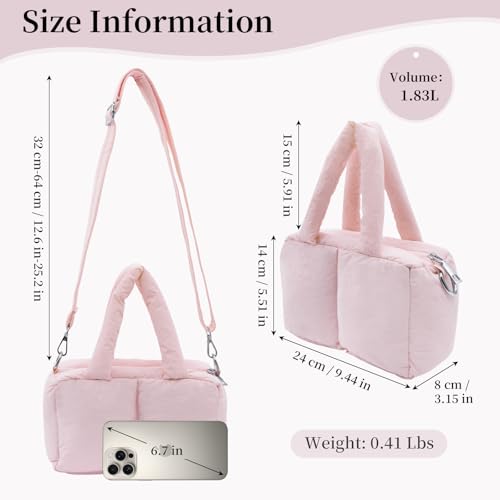 JHhomezeit Small Puffer Bag for Women, Crossbody Puffer Tote Bag Quilted Puffy Bags Satchel Shoulder Purse Fluffy Handbag Pink — view 3