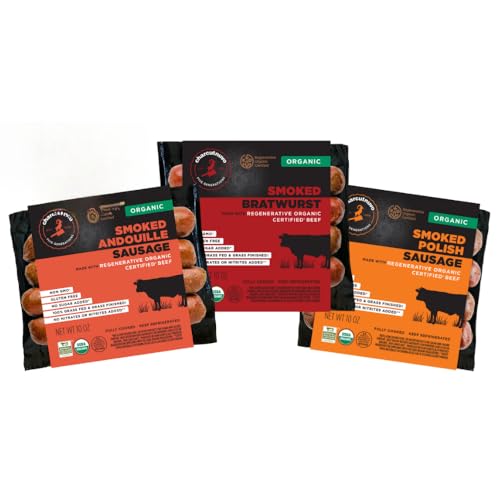 Charcutnuvo Regenerative Organic Certified™ 100% Grass-fed Beef Sausage 3-Pack – ROC™ Smoked Bratwurst, ROC™ Andouille, ROC™ Smoked Fresh Polish