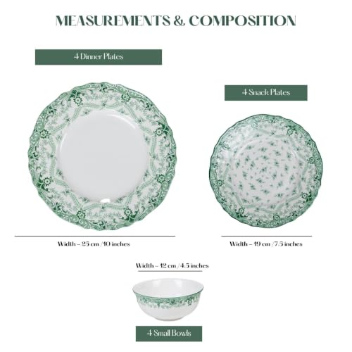 Image of GOLDEN QUEEN'S Handcrafted 12 Pieces Porcelain Dinner Set | 4 Dinner Plates, 4 Small Bowls & 4 Side Plates | Perfect for Hosting Guests and Daily Meals - Willow Garden Dinnerware