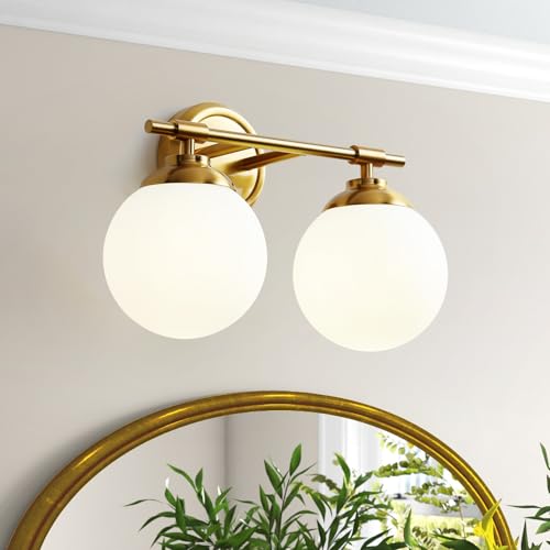 Image of Rayogale Bathroom Light Fixtures, 2-Light Gold Vanity Lights Over Mirror with White Glass Shade, 15 Inch Bathroom Wall Sconces for Bedroom Living Room (Bulbs Not Included)