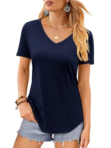 Elesomo Womens T Shirts Short Sleeve Tshirts V Neck Cotton Tees Summer Tunic Tops, Navy S