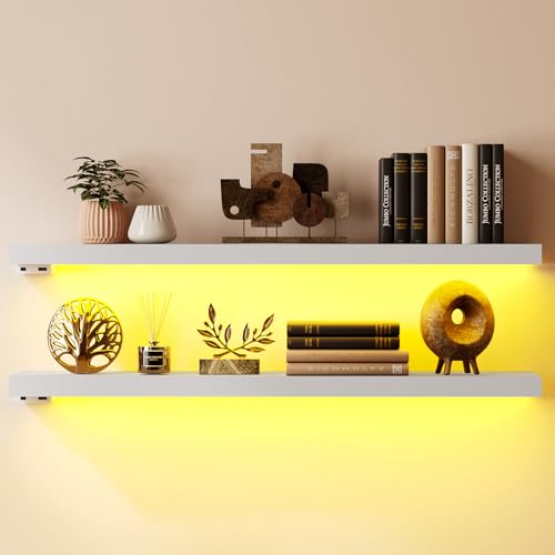 BAMEOS Floating Shelves with LED Lights, 31" White Wall Mounted W...