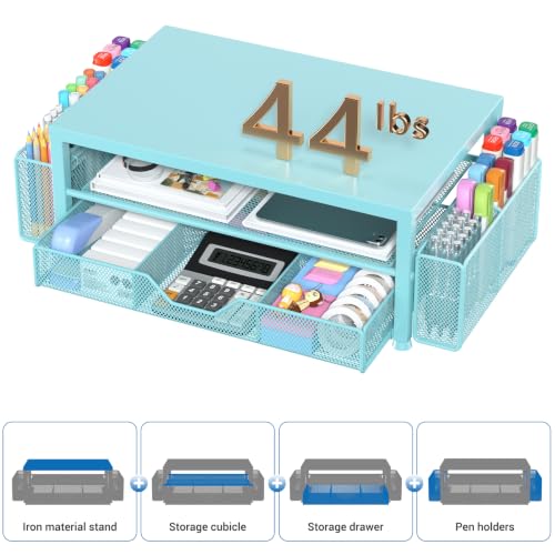 Image of OPNICE Desk Organizers and Accessories, Computer Monitor Stand Riser with Drawer and 2 Pen Holders, Printer & Laptop Stand, Office Desk Accessories & Workspace Organizers for Home Office Supplies, Soft Blue