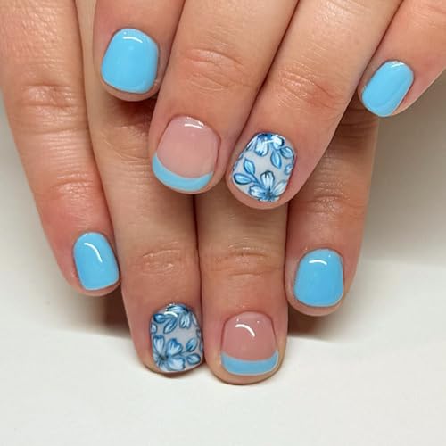 24cs French Tip Press On Nails Short Square Fake Nails Blue False...