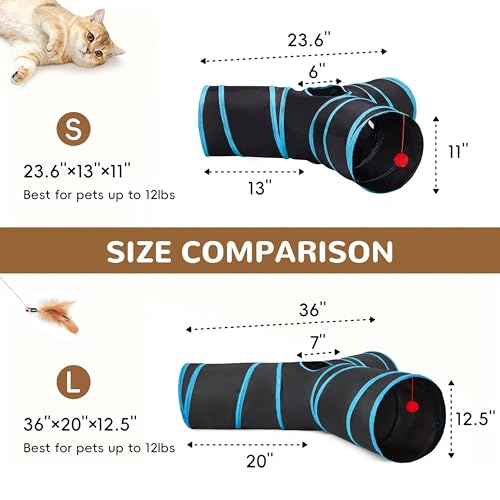 Image of Tempcore Cat Tunnel for Indoor Cats, 3 Way Collapsible Pet Play Tunnel with Teaser Wand, Peek Holes & Hanging Ball, Interactive Tube for Kittens & Rabbits, Black & Blue Large Size