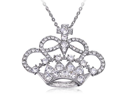 Alilang Cute Silvery Tone Crystal Rhinestone Queen Crown Cross Necklace