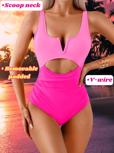 Womens V-Wire Color Block Swimsuit, Sexy Cut Out Ruched Monokini, One Piece Bathing Suits, Tummy Control 20254