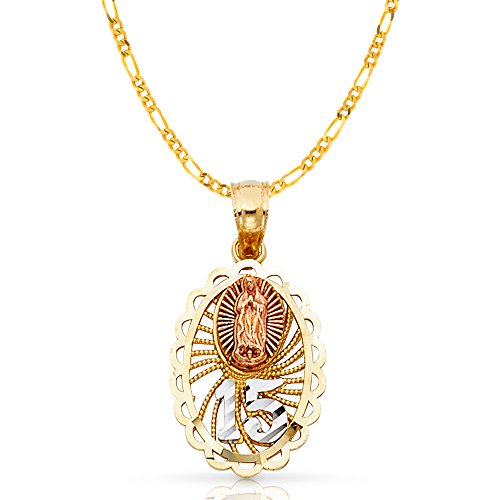 Ioka 14K Tri Color Gold Sweet 15 Years Quinceanera Virgin Mary Round Charm Pendant with 1.9mm Figaro 3+1 Chain Necklace