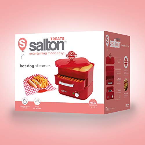 Salton Treats Steamer for Extra Large Authentic Stadium-Style Hot Dogs and Sausages, 8 Hot Dog and 4 Bun Capacity to Steam and Warm Breakfast Sausages, Brats, Vegetables, Fish, 350 Watts, Red (HD1905)
