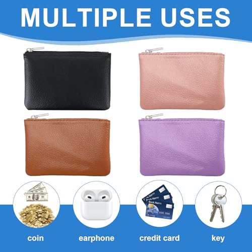 4 Pack Leather Zipper Coin Purse, Portable PU Leather Coin Purse,Mini Coin Pocket Pouch Change Holder, Coin Pouch with Zipper for Men Women Headset Credit Card ID Key Lipstick(4 color)3
