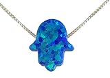 aJudaica Blue Created Opal Hamsa Hand Pendant Necklace with Sterling Silver Chain (17.5)