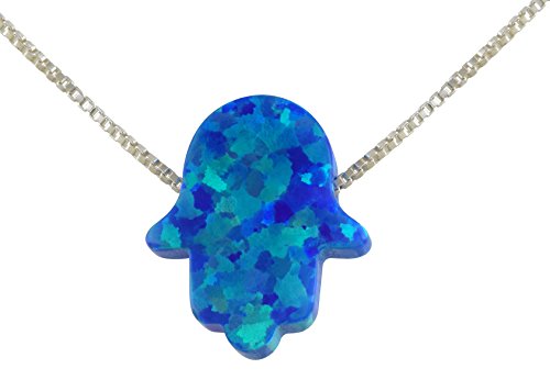 aJudaica Blue Created Opal Hamsa Hand Pendant Necklace with Sterling Silver Chain (17.5)