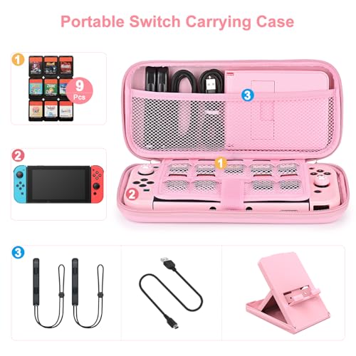 Younik Switch Accessories Bundle, 17 in 1 Switch Accessories Kit for Girls Include Switch Carrying Case with 9 Game Card Slots, Adjustable Stand, Protective Case for Switch Console & J-Con (Pink)