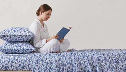 Image of FADFAY Blue Toile Sheets Set Twin French Country Vintage Farmhouse Bedding Exotic Scenic Buttterfly Floral Bedding 100% Egyptian Cotton Soft Breathable Sheet Set with Deep Pocket Fitted Sheet 4Pcs