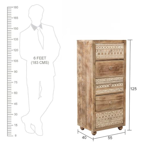 Image of The Attic Jodhpur Tallboy Drawer Chest, Kitchen and Living Room Storage, Solid Wood, Natural Antique + White Matte Finish