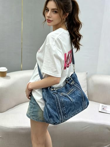 Image of Designer Denim Handbags for Women Hobo Tote Bag Crossbody Denim Purses Blue Jean Shoulder Bag