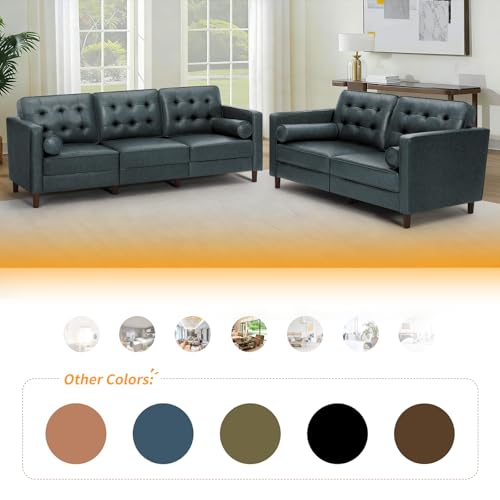 Image of 84 Inches Modern Faux Leather 3-Seat Sofa w /2 Bolster Pillows & Tufted Backrest, Mid-Century Couch, Premium 3 Seaters Sofa for Living Room, Bedroom, Office, Blue