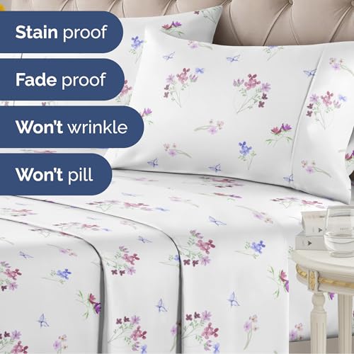 Image of Twin 4 Piece Boho Botanical Floral Sheet Set - Breathable & Cooling - Posy | 1 Flat, 1 Fitted & 2 Pillowcases w / Deep Pockets, Boho Botanical Floral Bedding, Breathable & Cooling, Wrinkle & Fade Free