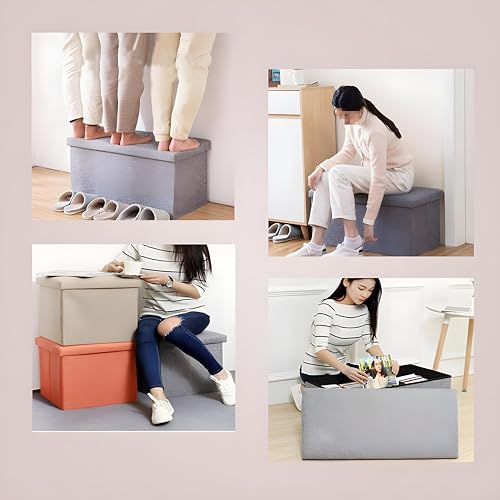 Image of Kuber Industries Pack of 2 Storage Stool - Square Toy Box, Foot Rest, Folding Seat, Wardrobe Organizer for Clothes-Books, Living Room Storage Box - S ZH003BG Beige