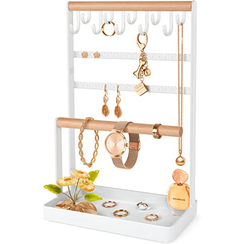 Geamsam Jewelry Stand Necklace Organizer, 5-Tier Earring Holder With Ear Stud Holes Bottom Ring Tray, 10 Hooks Bracelet Display Stand For Necklaces Earrings Rings Watches Storage On Dresser #TOP4