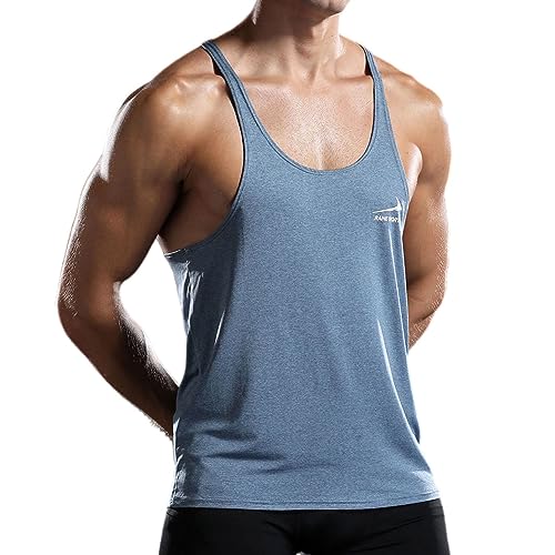 Rane Sports Camiseta de entrenamiento de atletismo para hombre, camiseta de entrenamiento sin mangas con espalda en Y. Camiseta de gimnasio sin mangas, Azul y gris., M