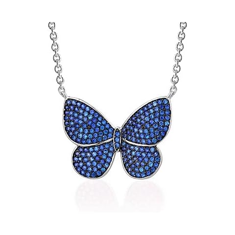 Sterling Silver Necklace Pendant for Girls Large Pretty Butterfly with Simulated Blue Sapphire 17.5" Cover