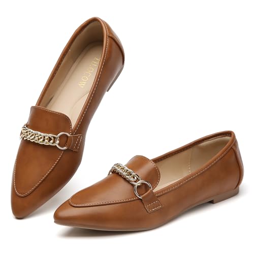 Image of Tilocow Metal Chain Loafers for Women Pointed Toe Slip on Flats Comfortable Fashion Work Shoes