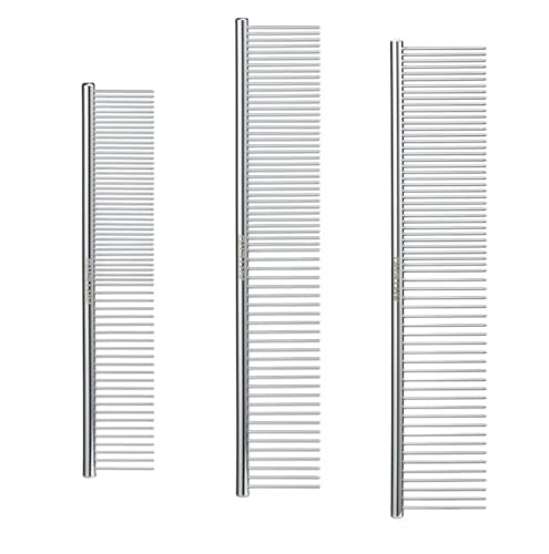 Shedding and Tangle Eliminating Premium Greyhound Style Grooming Combs for Cats and Dogs Chrome Coat Smooth Glide (Full Set - All 3 Combs)