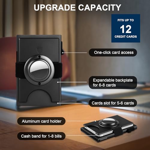 Minimalist Wallet for Men,Slim Wallet Compatible with AirTag,Card Holder Metal Wallet,Pop Up Wallet,Metal Card Holder,Quick Access Card,Rfid Blocking Protection,Hold 12+ Credit Cards (Black)4