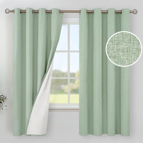 Image of YoungsTex Grommet Linen Blackout Curtains 63 Inches Long 2 Panels Set - Light Sage Green Room Darkening Drapes Heat Blocking for Living Room Bedroom Window, 52 X 63 Inch
